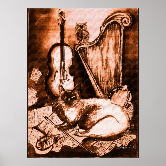 MUSICALE KAT EN UIL ,Bruin en Wit Poster (Voorkant)