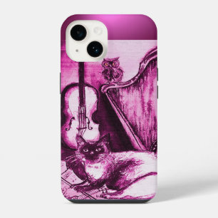 MUSICALE KAT MET UIL IN ROZE PAARSE EDELSTEEN iPhone 14 HOESJE