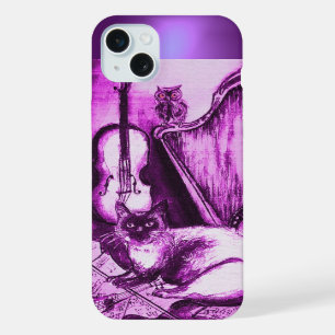 MUSICALE KAT MET UIL IN ROZE PAARSE EDELSTEEN iPhone 15 PLUS CASE