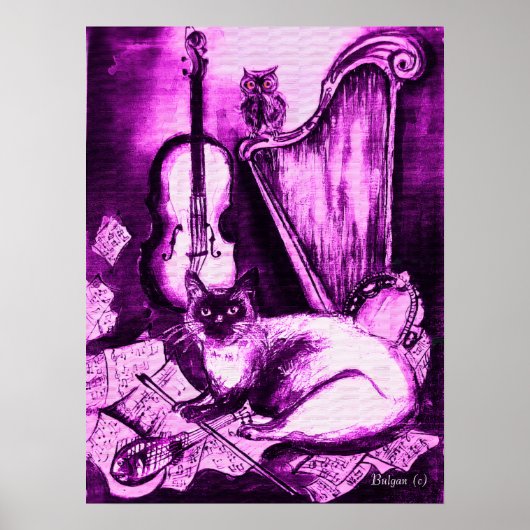 MUSICALE KAT ,Paars en Wit Poster (Voorkant)