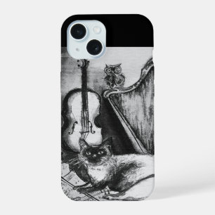MUSICALE KAT,UIL,VIOOL,HARP Zwart Wit Grijs Muziek iPhone 15 Case