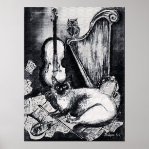 MUSICALE KAT,UIL,VIOOL,HARP Zwart Wit Grijs Muziek Poster