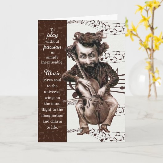 Musician Funny Cello Caricature Birthday Kaart (Gele Bloem)