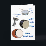 Musician Funny Drums Happy Birthday Card Drummer Kaart<br><div class="desc">Dit humoristische wenskaart heeft een trommelvlies, een snaartrommel, een doubek en een taiko drums aan de voorkant. Het heeft woorden voor de geluiden die de verschillende drums maken. — Binnen leest Happy BEAT-day, met een grappige lijn. — U kunt het bericht in de sjabloon wijzigen of verwijderen om het een...</div>