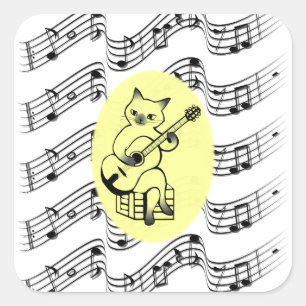 Musicien Funny Cat Plays Guitar on Muzieknoten Vierkante Sticker