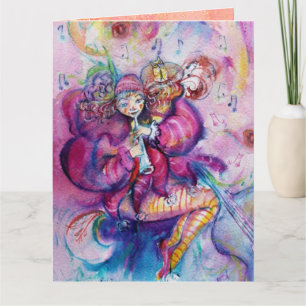 MUSIKALE CLOWN MET ROZE GLITTERSPANSELEN Gefelicit Kaart