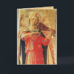 MUSISCH ANGEL IN RODE EN GOUD FEESTDAGEN KAART<br><div class="desc">Italiaans meesterwerk van wijlen middeleeuwen uit Fra Beato Angelico: Muziek die engel detail maakt uit Linaioli Tabernacle 1433 Italië,  ontwikkeld met oude ontwateringseffecten en een heldere 3D-roodroodgem steen.</div>