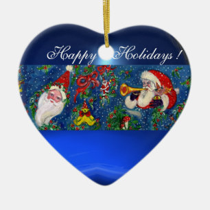 MUSISCH CHRISTMAS NIGHT SANTA BUGLER BLUE HEART KERAMISCH ORNAMENT