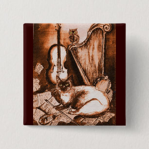 MUSISCHE CAT, bruin en wit Vierkante Button 5,1 Cm