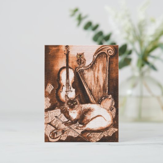 MUSISCHE CAT EN OWL, bruin en wit Briefkaart (Staand voorkant)
