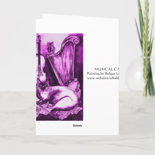 MUSISCHE CAT EN OWL, Paars Violet en wit Feestdagen Kaart (Achterkant)