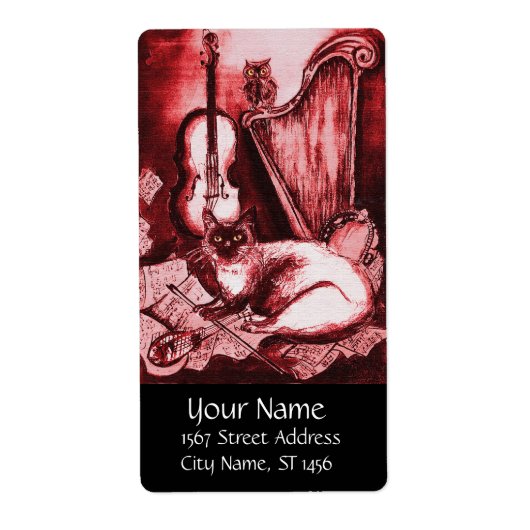 MUSISCHE CAT EN OWL, rood wit zwart Etiket (Voorkant)
