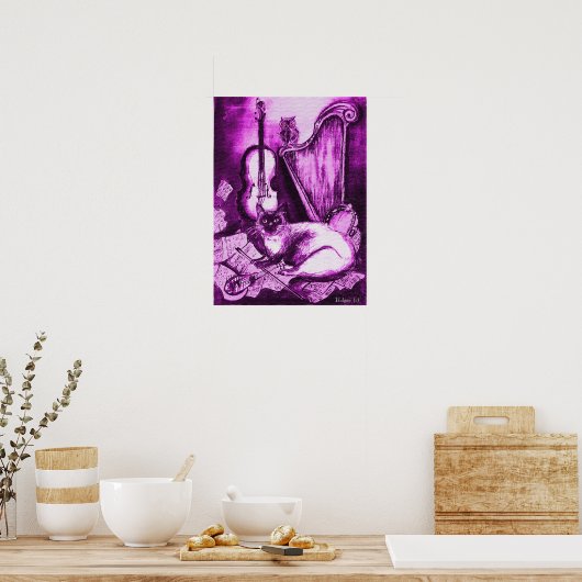 MUSISCHE CAT, Paars en wit Poster (Keuken)