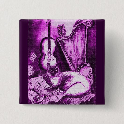 MUSISCHE CAT, Paars Violet en wit Vierkante Button 5,1 Cm (Voorkant)