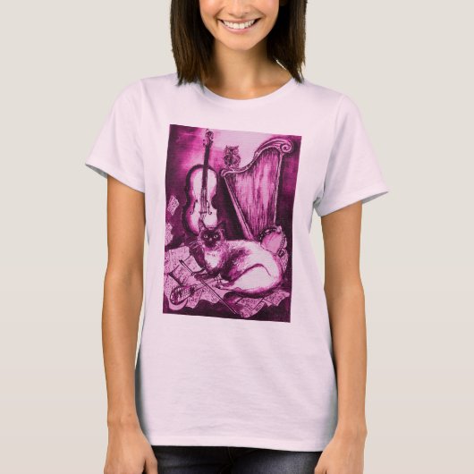 MUSISCHE CAT, Roze Violet en wit T-shirt (Voorkant)