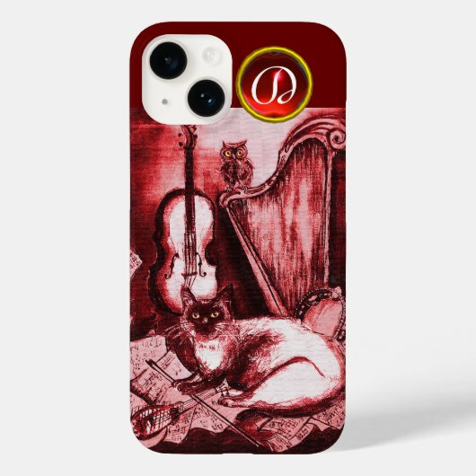 MUSISCHE KAT MET OWL IN RODE RUBY GEM MONOGRAM Case-Mate iPhone CASE (Achterkant)