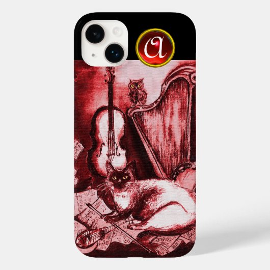 MUSISCHE KAT MET OWL IN RODE RUBY GEM MONOGRAM Case-Mate iPhone CASE (Achterkant)