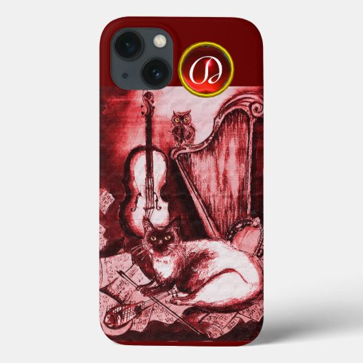 MUSISCHE KAT MET OWL IN RODE RUBY GEM MONOGRAM Case-Mate iPhone CASE (Achterkant)