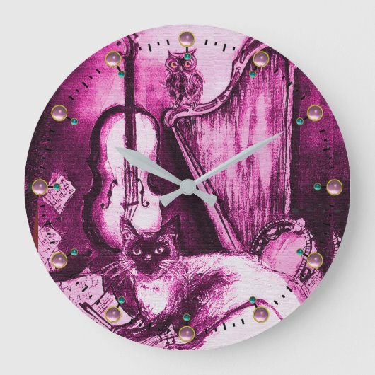 MUSISCHE KAT MET OWL VIOLIN EN HARP Roze Paars Grote Klok (Voorkant)