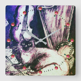 MUSISCHE KAT MET OWL VIOLIN EN HARP VIERKANTE KLOK