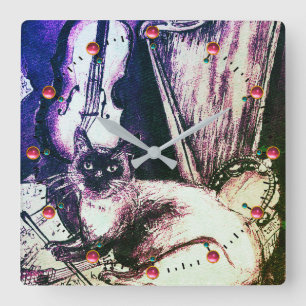 MUSISCHE KAT MET OWL VIOLIN EN HARP VIERKANTE KLOK