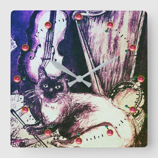 MUSISCHE KAT MET OWL VIOLIN EN HARP VIERKANTE KLOK (Voorkant)