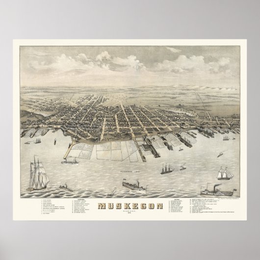 Muskegon, MI Panorama Map -1874 Poster (Voorkant)