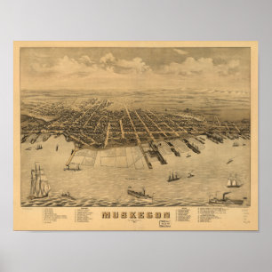 Muskegon Michigan 1874 Antiek Panorama Poster