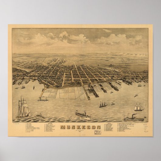 Muskegon Michigan 1874 Antiek Panorama Poster (Voorkant)