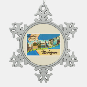 Muskegon Michigan MI Old Vintage Travel Souvenir Tin Sneeuwvlok Ornament