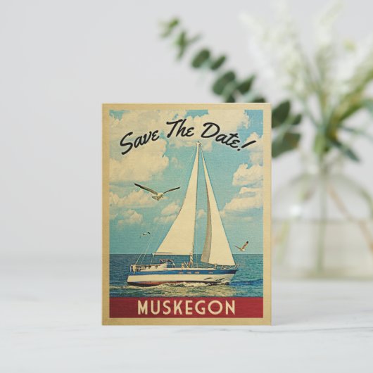 Muskegon Save the Date Sailboat Nautical Aankondigingskaart (Staand voorkant)