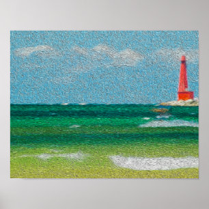 Muskegon, strand en vuurtoren van Michigan (olieve Poster