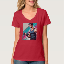 Muskulöser Mann mit einer Hantel T-shirt