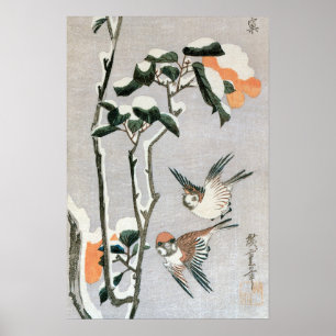 Mussen en Camellia in de Sneeuw van Ando Hiroshige Poster