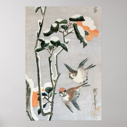 Mussen en Camellia in de Sneeuw van Ando Hiroshige Poster (Voorkant)