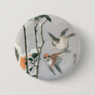 Mussen en Camellia in de Sneeuw van Ando Hiroshige Ronde Button 5,7 Cm