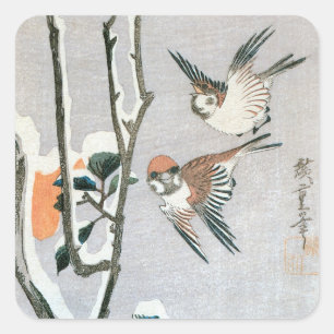 Mussen en Camellia in de Sneeuw van Ando Hiroshige Vierkante Sticker