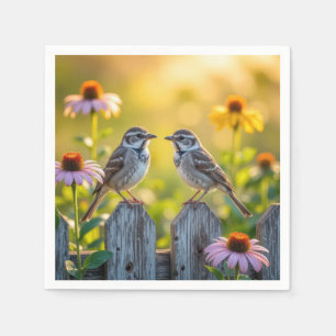Mussen en kegel bloemen door een houten hek servet