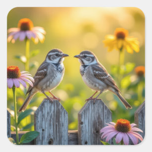 Mussen en kegel bloemen door een houten hek vierkante sticker