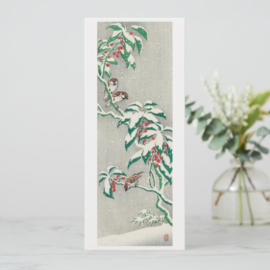 Mussen op een besneeuwde tak feestdagenkaart (Staand voorkant)