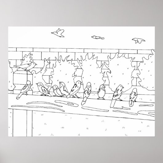 Mussen Vogels vergadering op de rail tekening, Pos Poster (Voorkant)