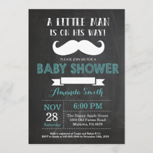 Mustache Baby shower Invitation Aqua en Grey Kaart