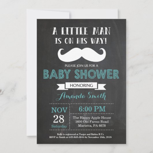 Mustache Baby shower Invitation Aqua en Grey Kaart (Voorkant)
