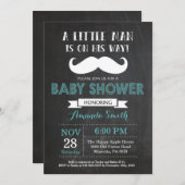 Mustache Baby shower Invitation Aqua en Grey Kaart (Voorkant / Achterkant)