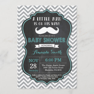 Mustache Baby shower Invitation Aqua en Grey Kaart
