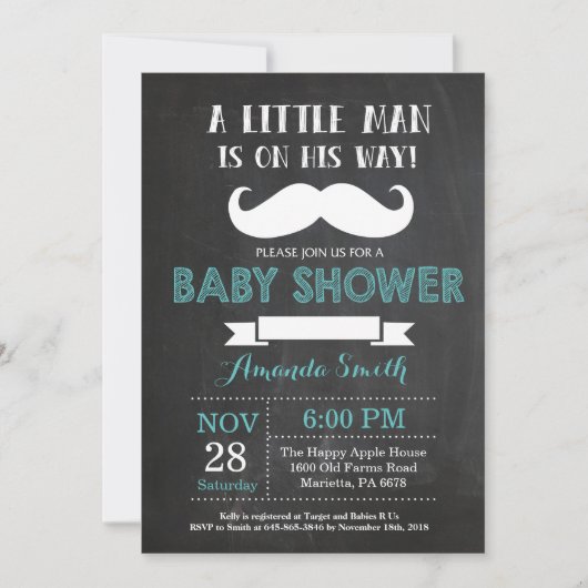 Mustache Baby shower Invitation Aqua en Grijs Kaart (Voorkant)