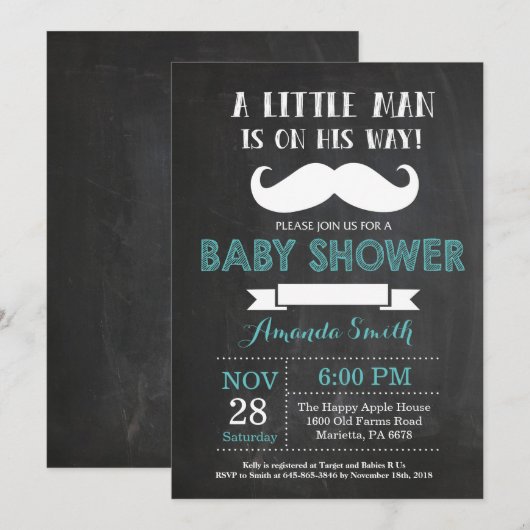 Mustache Baby shower Invitation Aqua en Grijs Kaart (Voorkant / Achterkant)