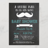 Mustache Baby shower Invitation Aqua en Grijs