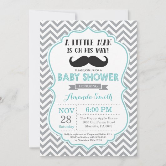 Mustache Baby shower Invitation Aqua en Grijs Kaart (Voorkant)