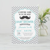 Mustache Baby shower Invitation Aqua en Grijs Kaart (Staand voorkant)